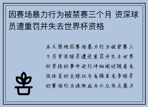 因赛场暴力行为被禁赛三个月 资深球员遭重罚并失去世界杯资格